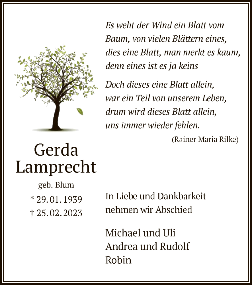  Traueranzeige für Gerda Lamprecht vom 04.03.2023 aus OF
