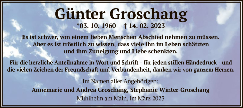  Traueranzeige für Günter Groschang vom 29.03.2023 aus OF