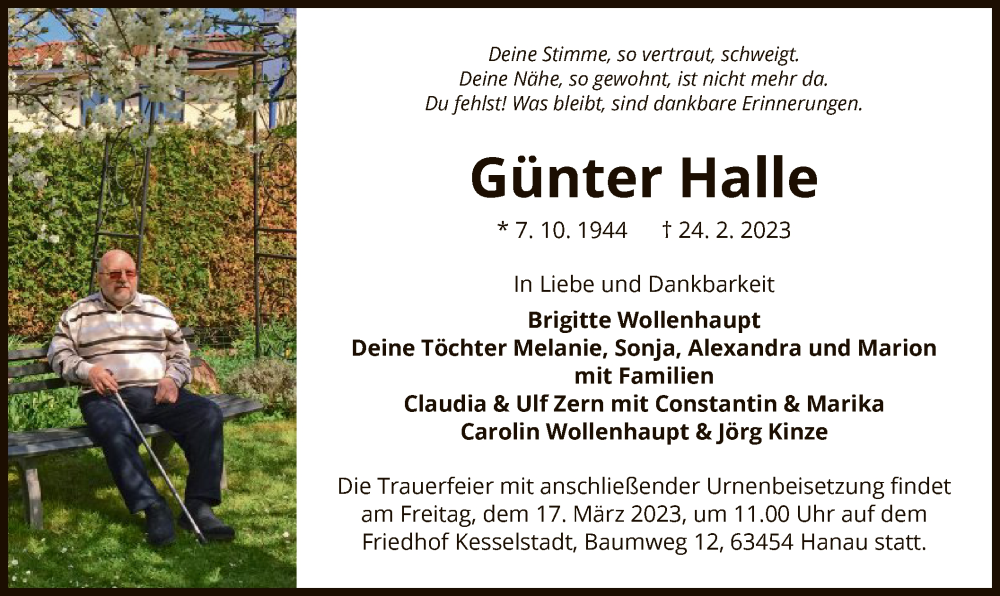  Traueranzeige für Günter Halle vom 11.03.2023 aus OF