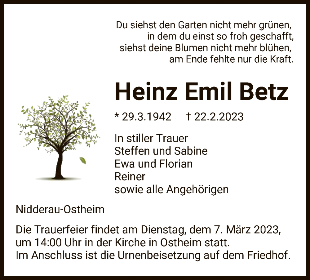  Traueranzeige für Heinz Emil Betz vom 04.03.2023 aus OF