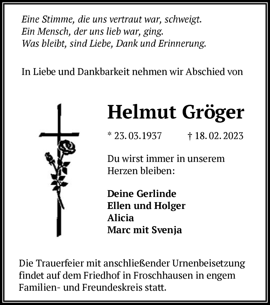  Traueranzeige für Helmut Gröger vom 01.03.2023 aus OF