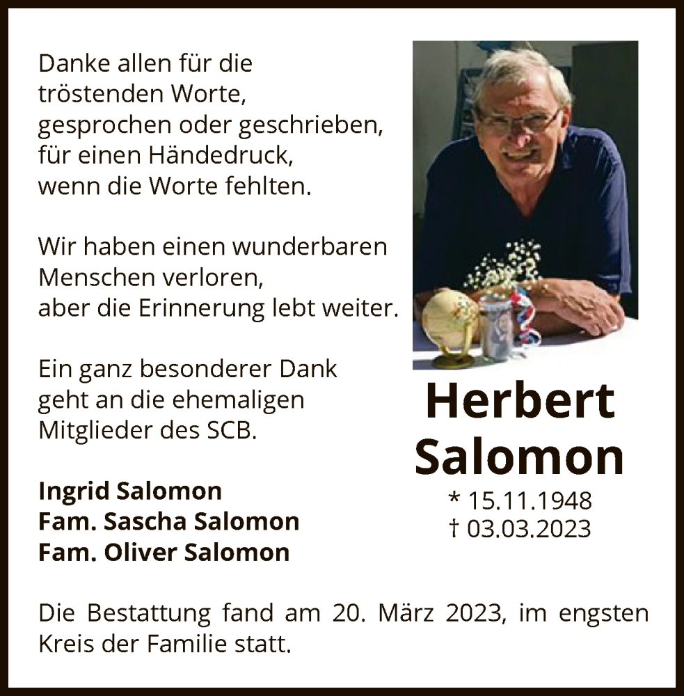  Traueranzeige für Herbert Salomon vom 30.03.2023 aus OF