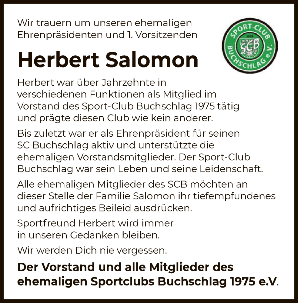  Traueranzeige für Herbert Salomon vom 30.03.2023 aus OF