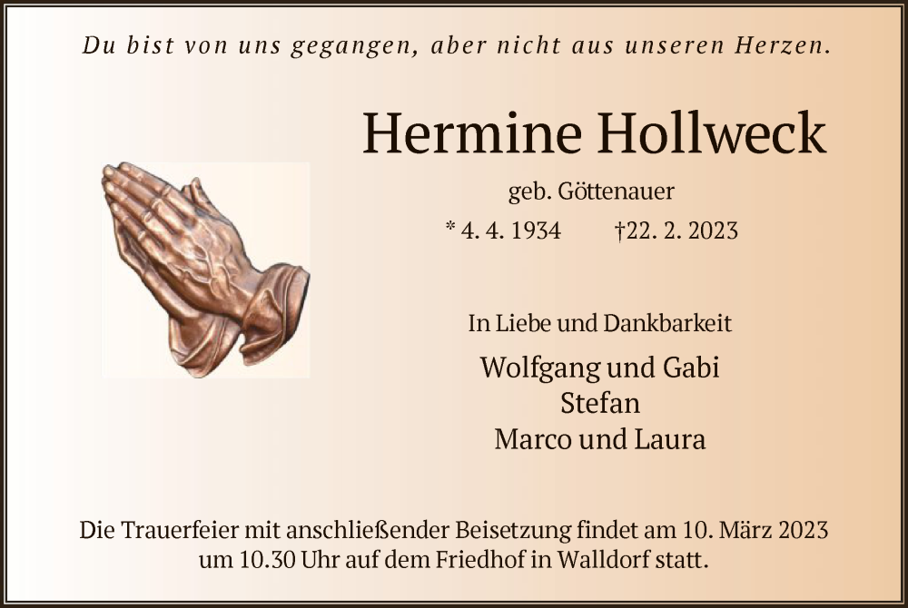  Traueranzeige für Hermine Hollweck vom 02.03.2023 aus OF