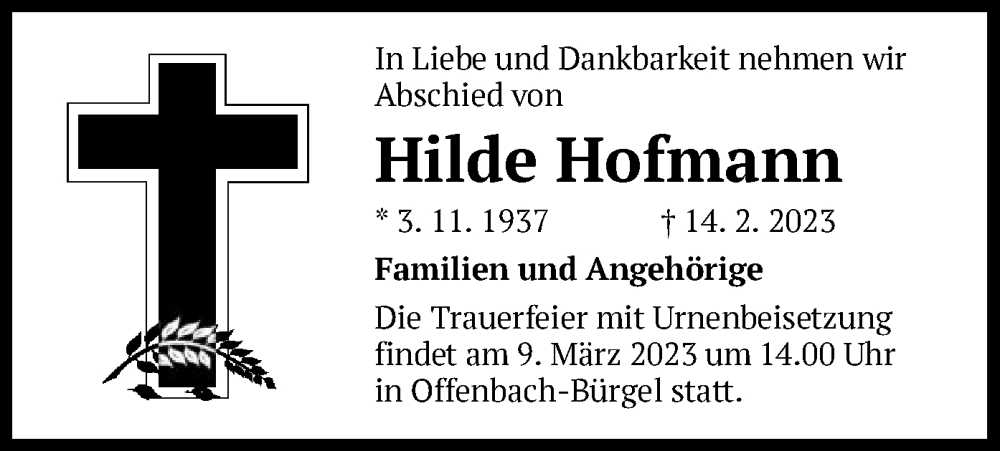  Traueranzeige für Hilde Hofmann vom 04.03.2023 aus OF