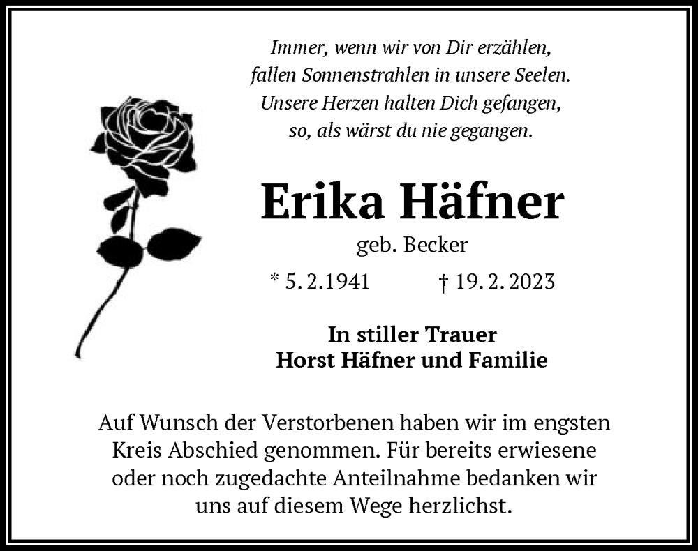  Traueranzeige für Horst Häfner und Familie vom 16.03.2023 aus OF