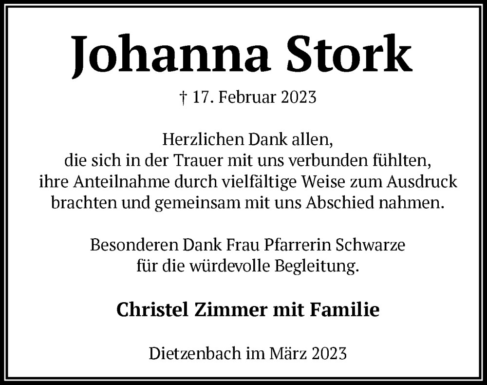  Traueranzeige für Johanna Stork vom 18.03.2023 aus OF