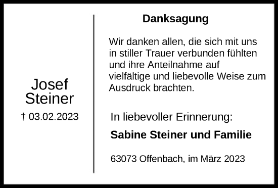 Traueranzeige von Josef Steiner von OF