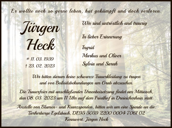 Traueranzeige von Jürgen Heck von OF
