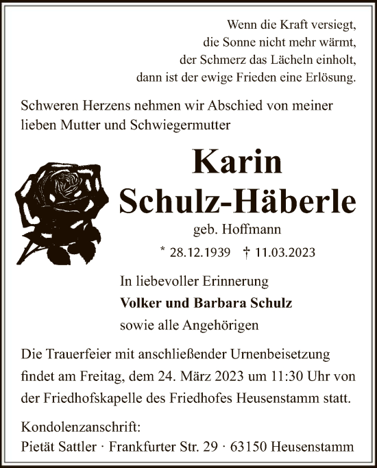 Traueranzeige von Karin Schulz-Häberle von OF
