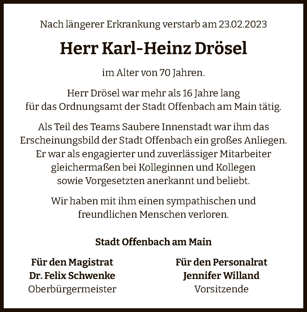  Traueranzeige für Karl-Heinz Drösel vom 04.03.2023 aus OF