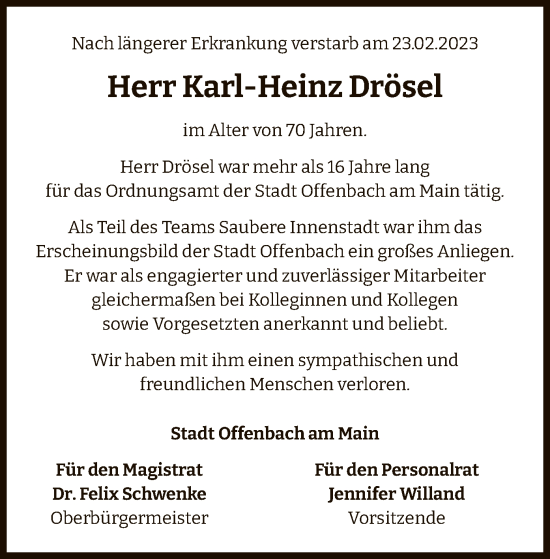 Traueranzeige von Karl-Heinz Drösel von OF