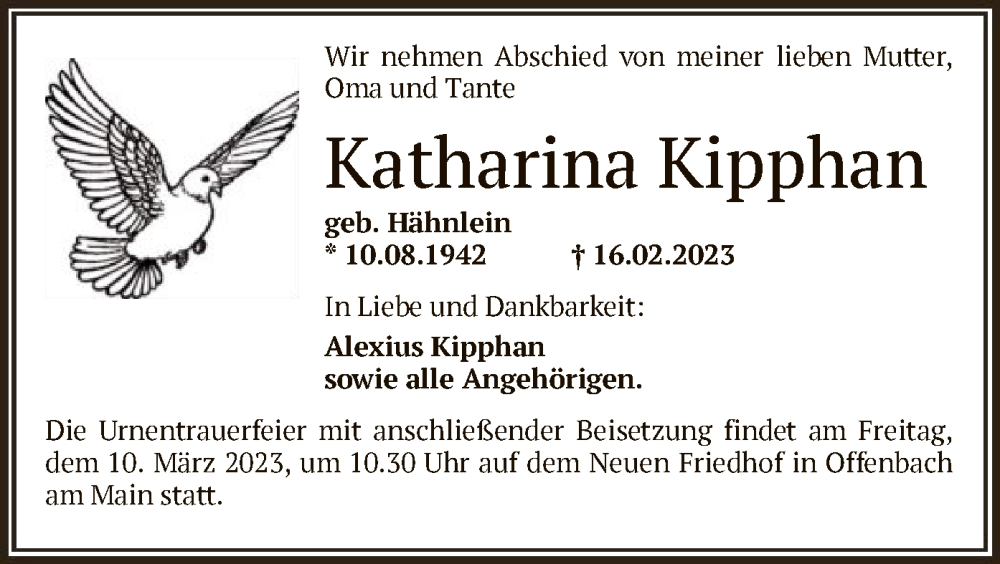  Traueranzeige für Katharina Kipphan vom 04.03.2023 aus OF