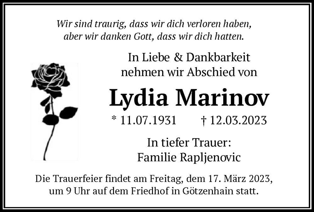  Traueranzeige für Lydia Marinov vom 16.03.2023 aus OF