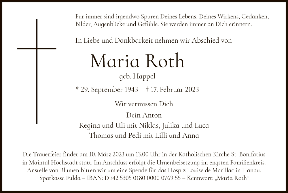  Traueranzeige für Maria Roth vom 04.03.2023 aus OF