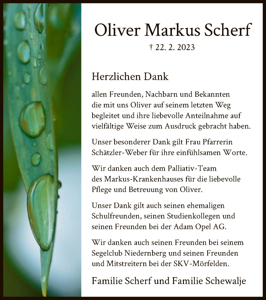  Traueranzeige für Oliver Markus Scherf vom 16.03.2023 aus OF