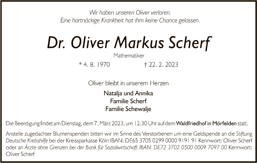 Traueranzeige für Oliver Markus Scherf vom 02.03.2023 aus OF