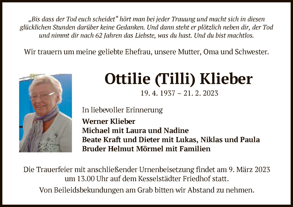  Traueranzeige für Ottilie Tilli Klieb vom 04.03.2023 aus OF