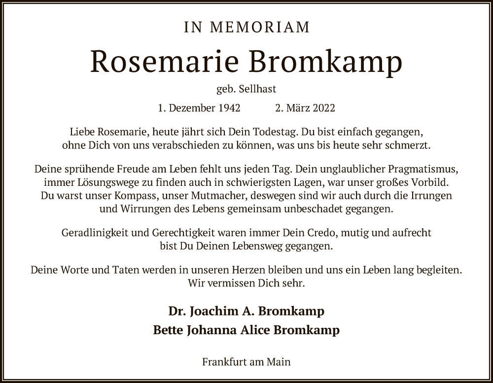  Traueranzeige für Rosemarie Bromkamp vom 02.03.2023 aus OF