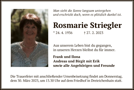 Traueranzeige von Rosmarie Striegler von OF