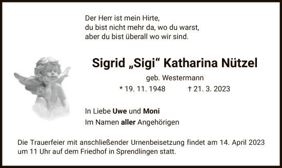 Traueranzeige von Sigrid Katharina Nützel von OF
