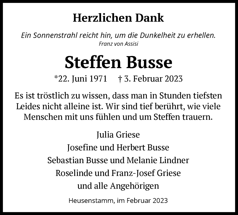  Traueranzeige für Steffen Busse vom 01.03.2023 aus OF