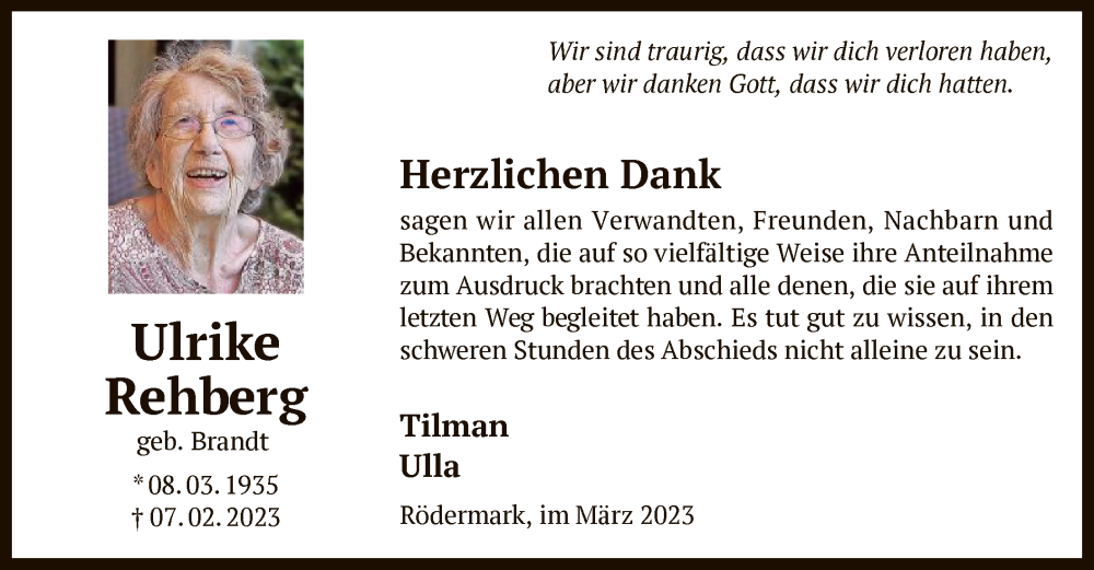  Traueranzeige für Ulrike Rehberg vom 01.03.2023 aus OF