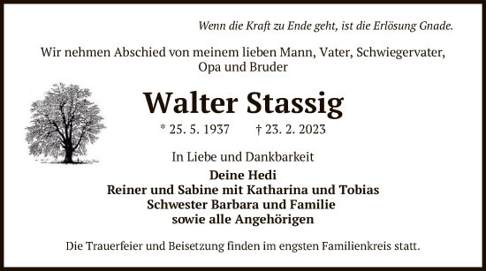 Traueranzeige von Walter Stassig von OF