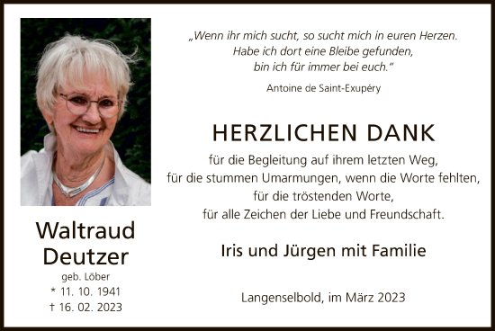 Traueranzeige von Waltraud Deutzer von OF