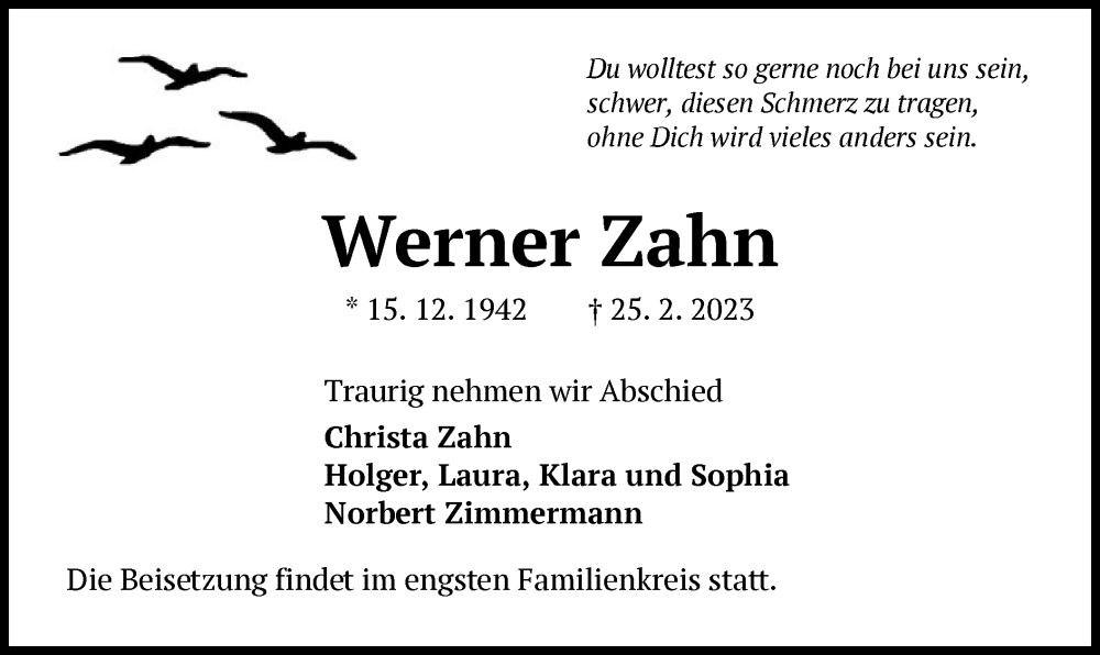  Traueranzeige für Werner Zahn vom 04.03.2023 aus OF