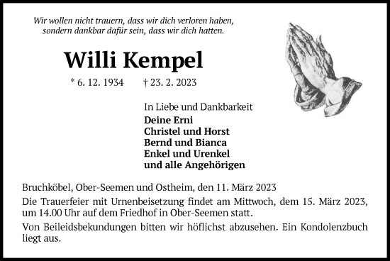 Traueranzeige von Willi Kempel von OF