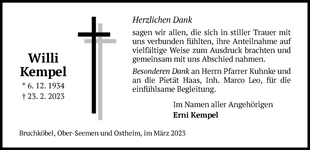  Traueranzeige für Willi Kempel vom 25.03.2023 aus OF