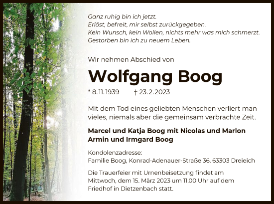 Traueranzeige von Wolfgang Boog von OF