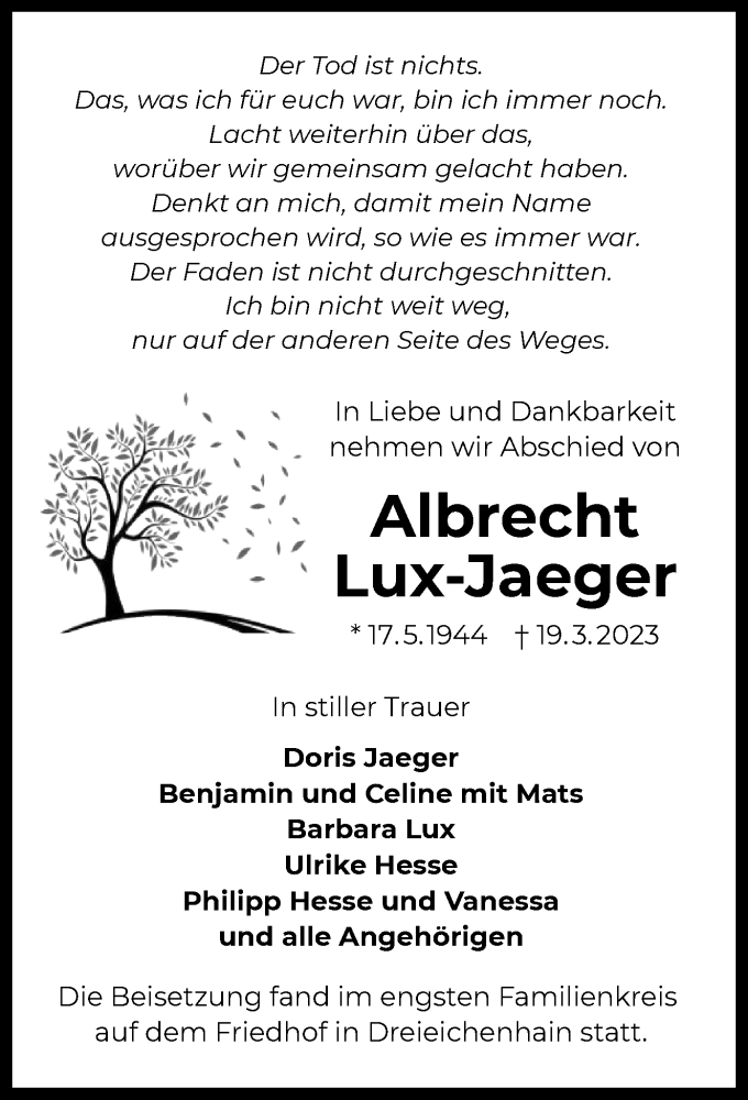  Traueranzeige für Albrecht Lux-Jaeger vom 06.04.2023 aus OF
