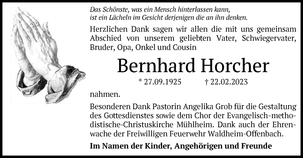  Traueranzeige für Bernhard Horcher vom 01.04.2023 aus OF