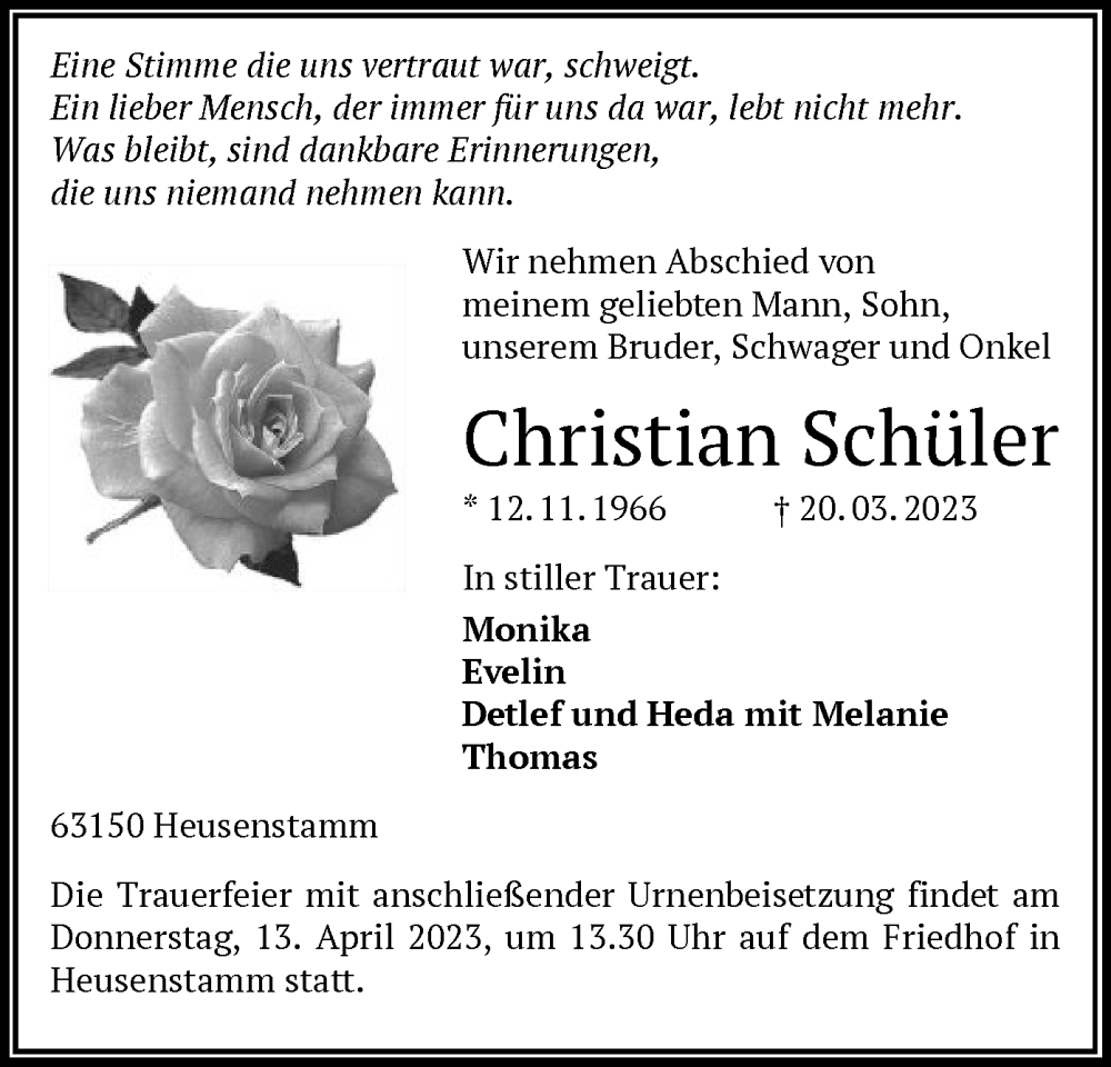  Traueranzeige für Christian Schüler vom 05.04.2023 aus OF
