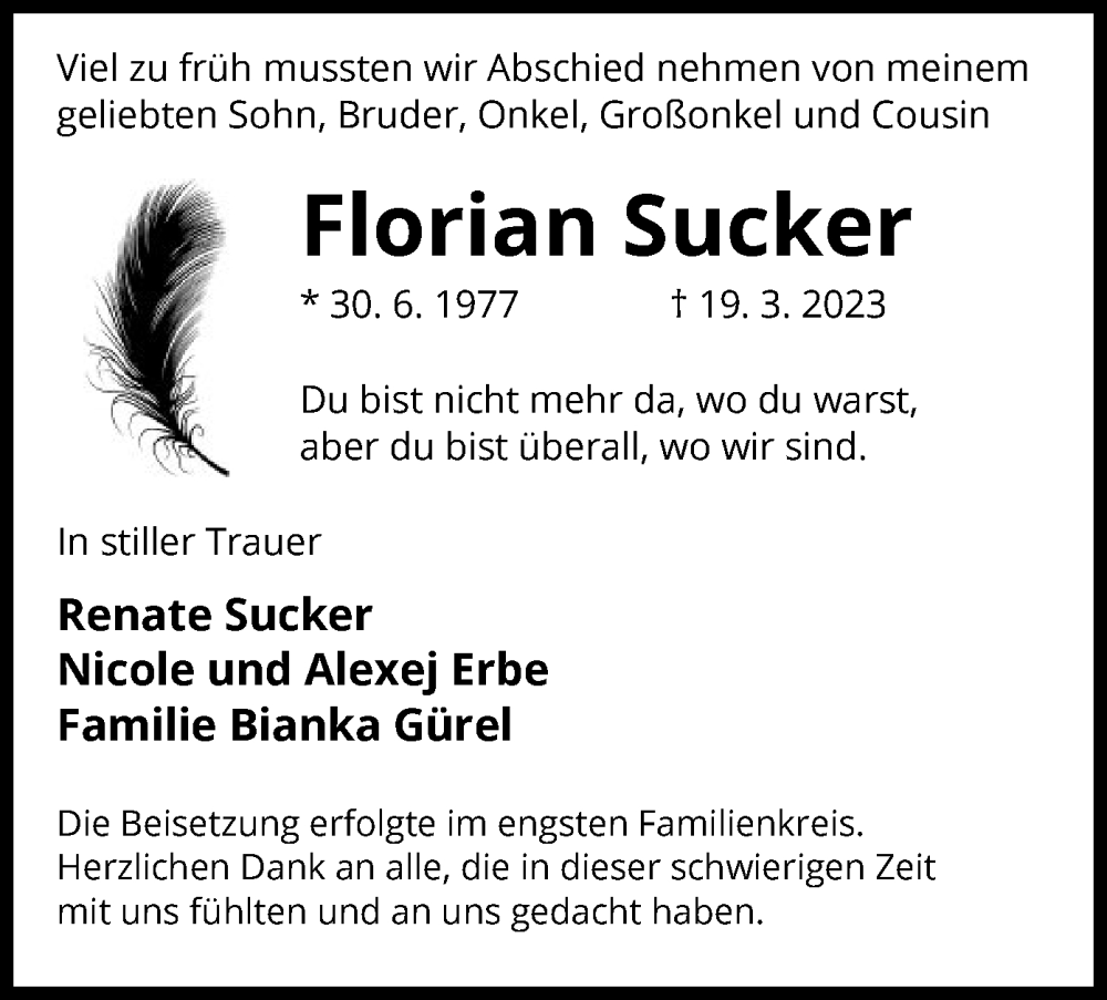  Traueranzeige für Florian Sucker vom 20.04.2023 aus OF