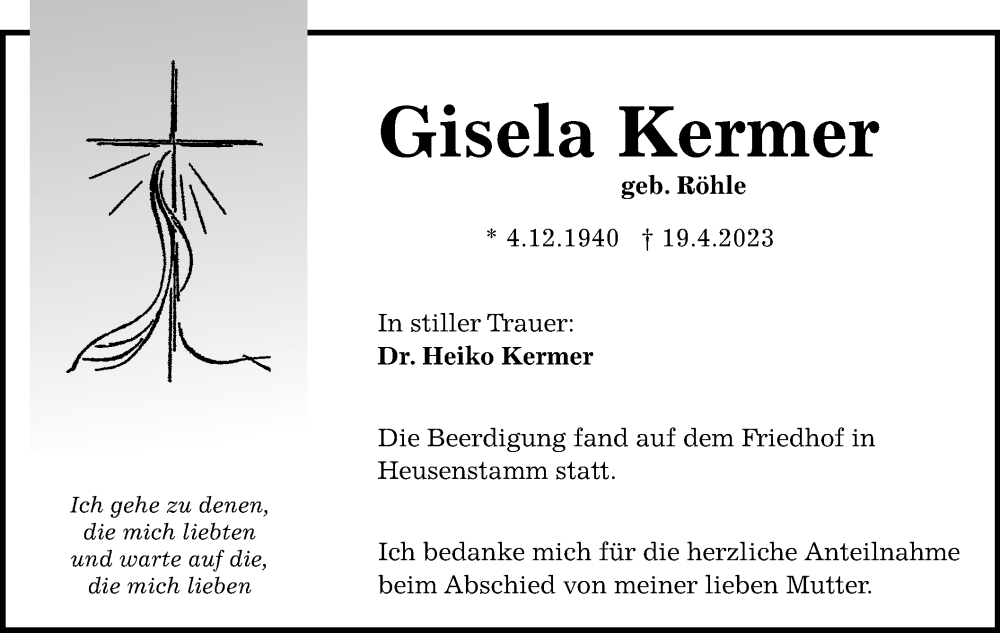  Traueranzeige für Gisela Kermer vom 26.04.2023 aus OF