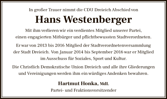 Traueranzeige von Hans Westenberger von OF