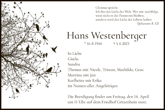 Traueranzeige von Hans Westenberger von OF