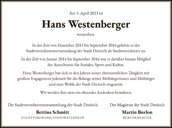 Traueranzeige von Hans Westenberger von OF