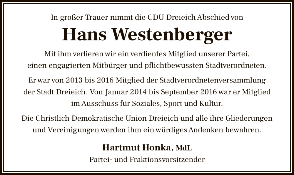  Traueranzeige für Hans Westenberger vom 20.04.2023 aus OF