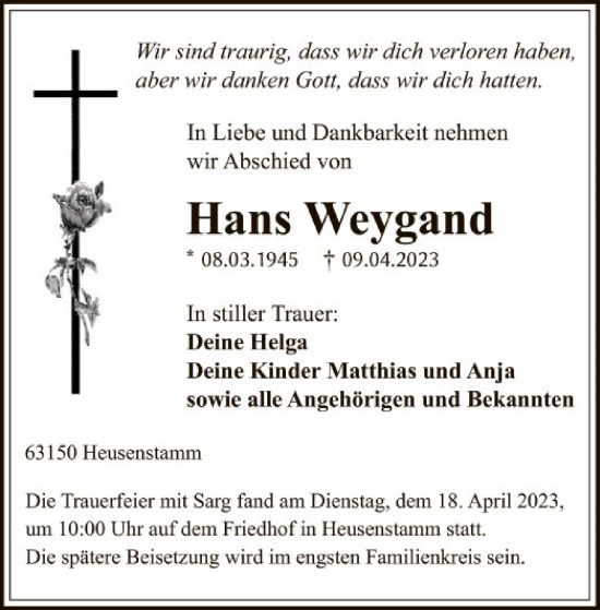 Traueranzeige von Hans Weyand von OF