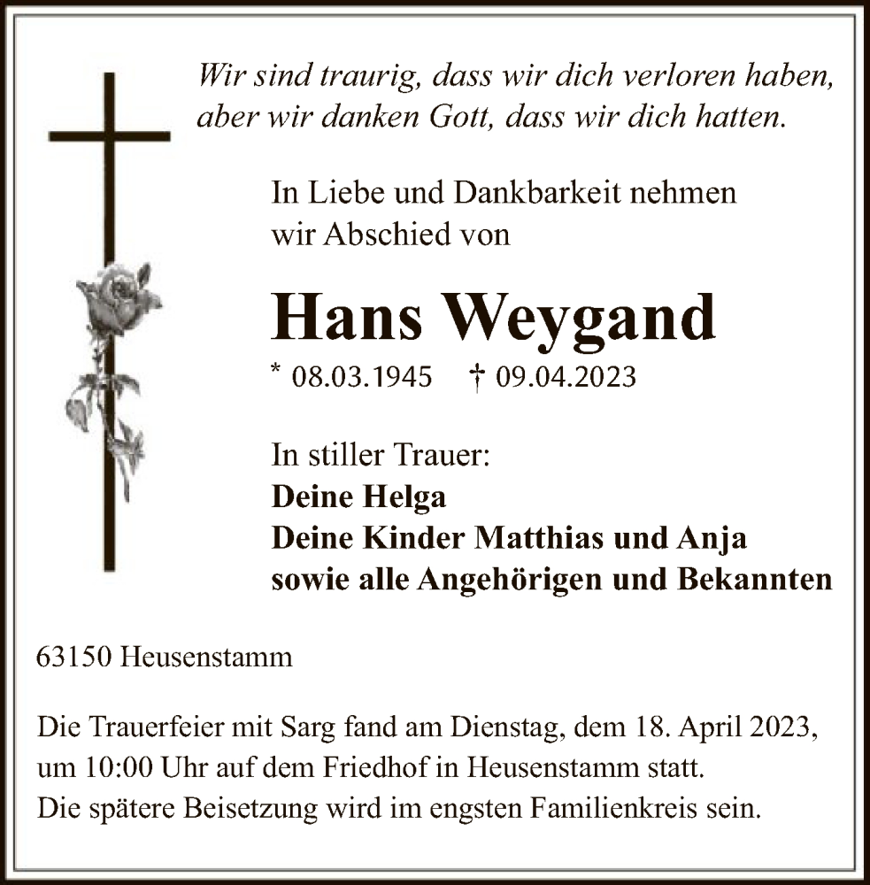  Traueranzeige für Hans Weygand vom 19.04.2023 aus OF