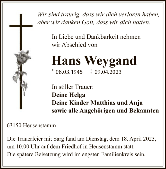 Traueranzeige von Hans Weygand von OF