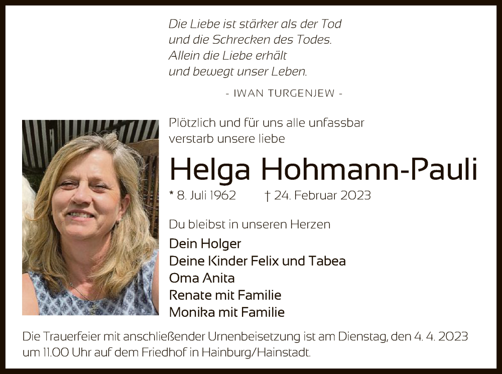  Traueranzeige für Helga Hohmann-Pauli vom 01.04.2023 aus OF