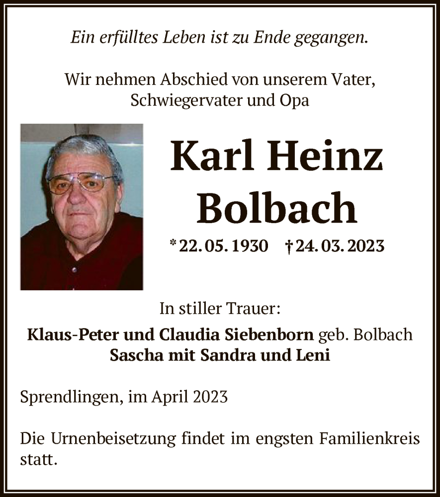  Traueranzeige für Karl Heinz Bolbach vom 06.04.2023 aus OF
