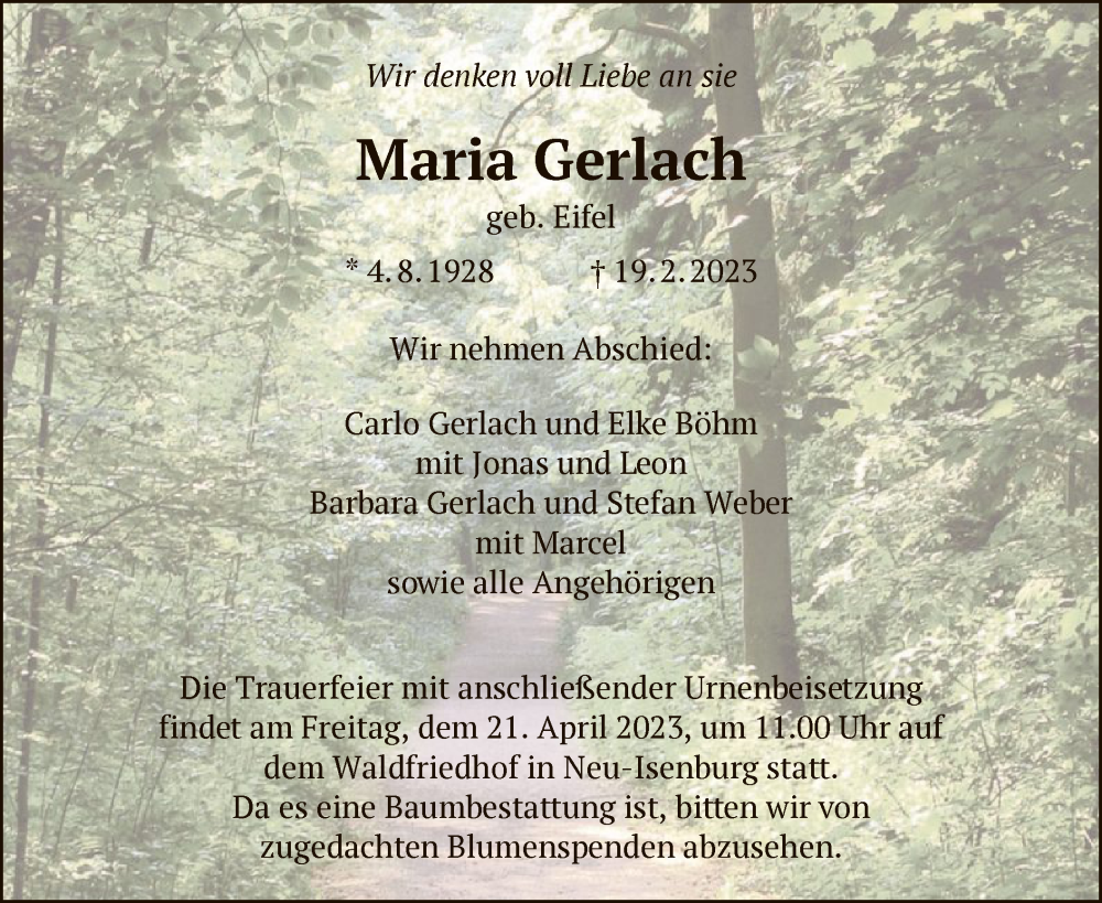  Traueranzeige für Maria Gerlach vom 06.04.2023 aus OF