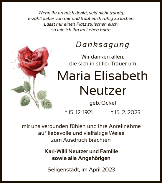 Traueranzeige von Maria Elisabeth Neutzer von OF