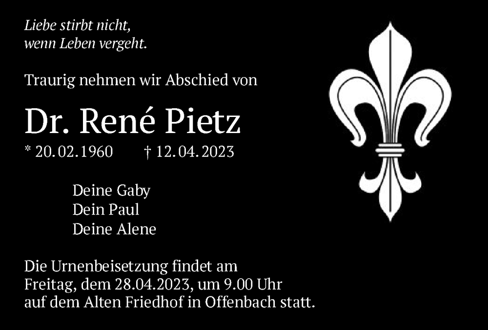  Traueranzeige für René Pietz vom 22.04.2023 aus OF